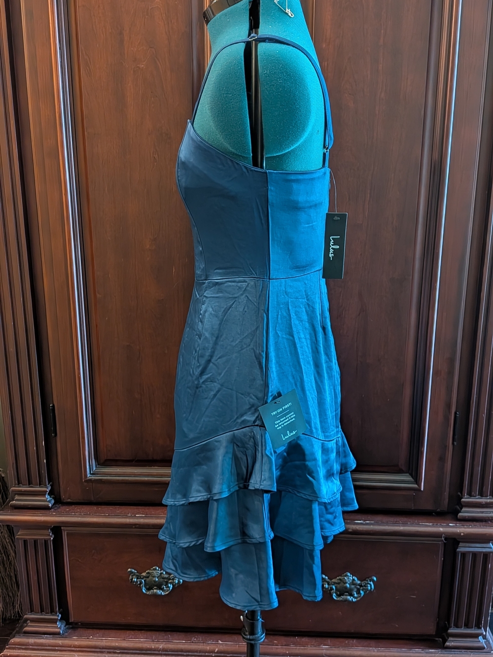 Dreams Come True Navy Blue Satin Ruffled Mini Dress - Picture 4 of 7